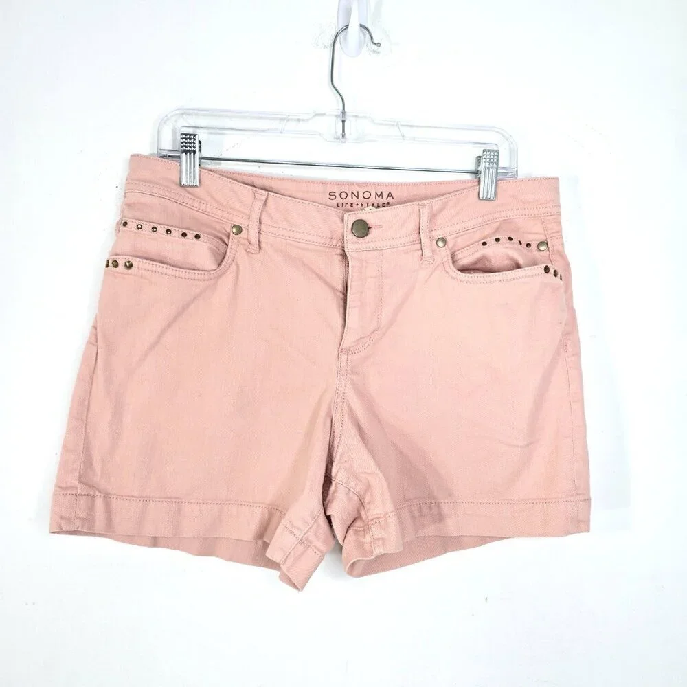 Sonoma Peach Pink Studded Modern Fit Stretch High Rise Denim Shorts